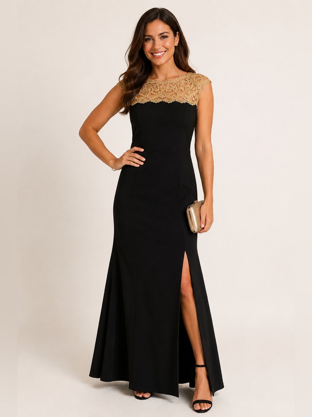 SLNY Size 14 Black Gold Lace Yoke Formal Evening Gown Maxi Dress GALA MOB/MOG